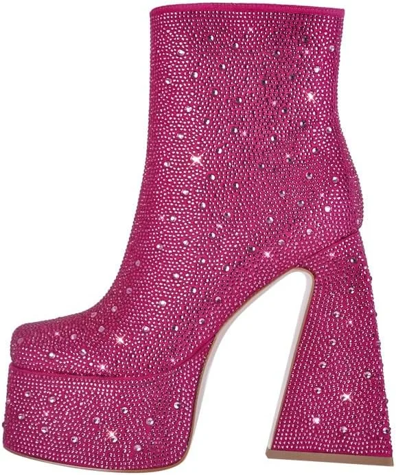 Rhinestone Platform Chunky High Heel Boots