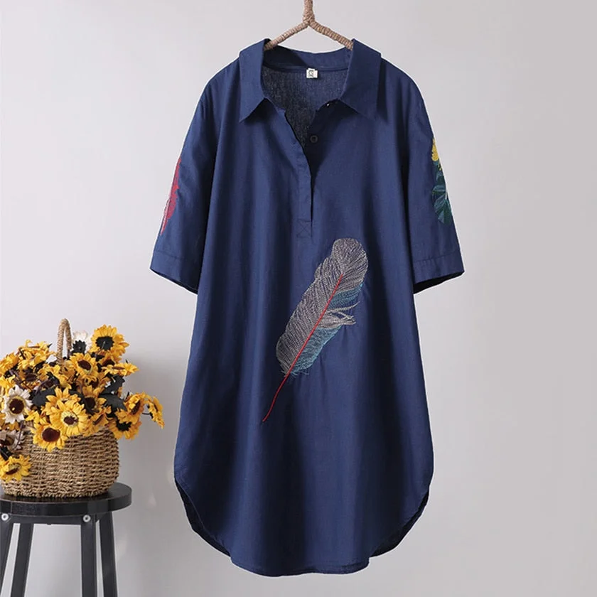 New Arrival Women Feather Embroidery Long Cotton White Blouse Summer Short Sleeve White Female Shirt Turn-Down Collar Top T96401