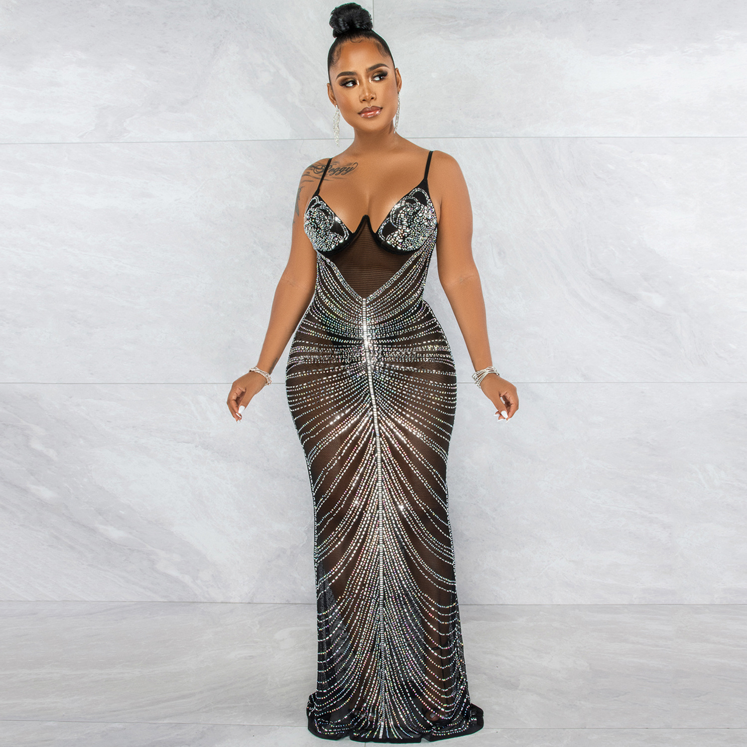  thdmladies Diamond sexy strap wrap chest mesh see-through long skirt dress thedmladies