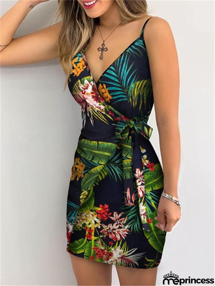 Sexy Pretty Spaghetti Strap Wrap Design Floral Print Side Tie Fastening Dress