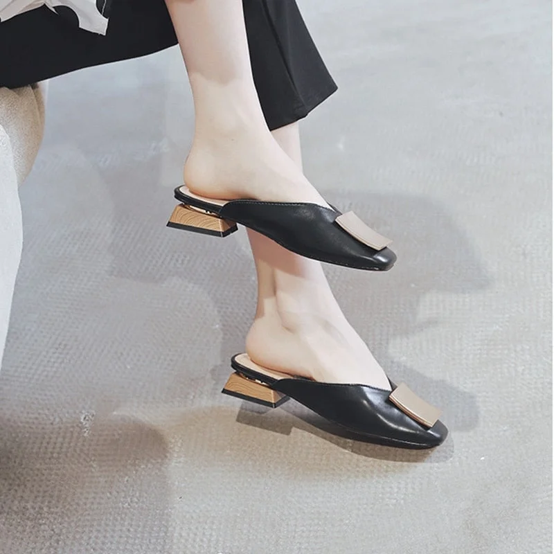 Designer Women Mules Pumps Trend Square Buckle Wooden Block Elegant Office Party Ladies Casual Shoes Summer Women Slippers