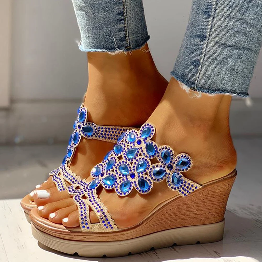 2021 Dropship Wedge High Heels Sandal Leisure Platform Rhinestones Summer Slip on Mules Slippers Women Shoes Woman