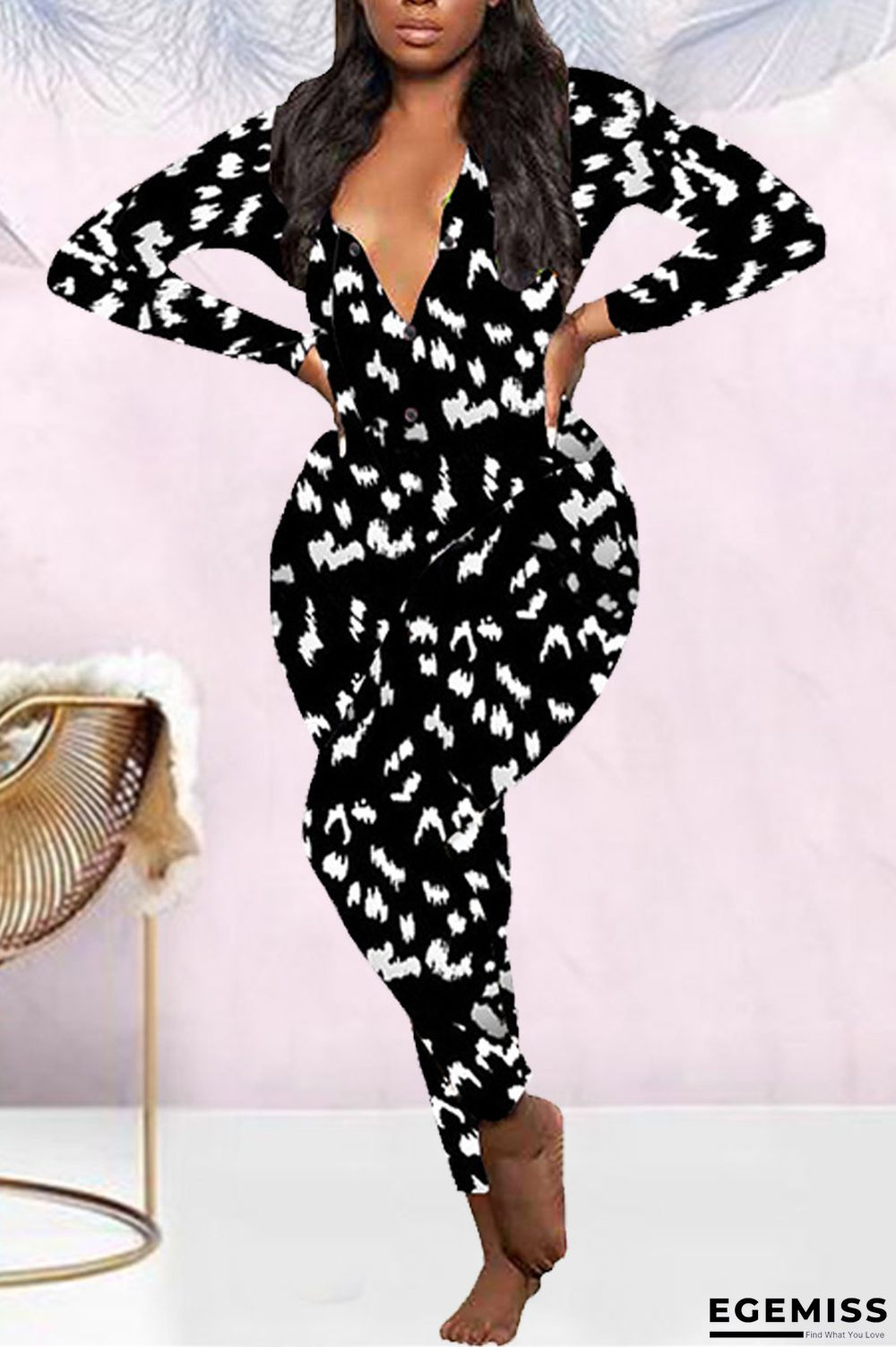 Black Casual Living Print Basic V Neck Regular Jumpsuits | EGEMISS