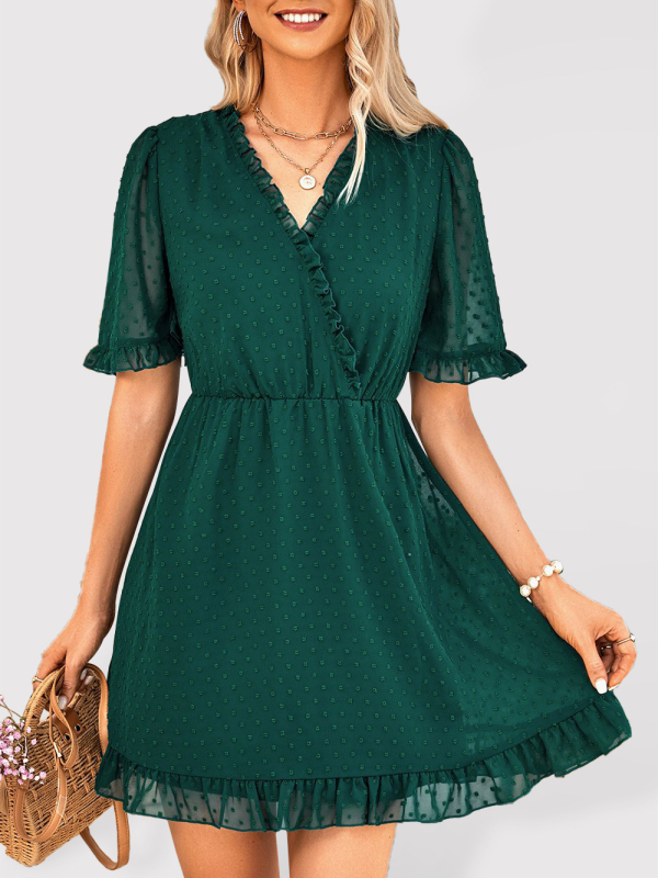 Mature Women Casual Summer V-neck Solid Color Short-sleeved Fur Ball Dress