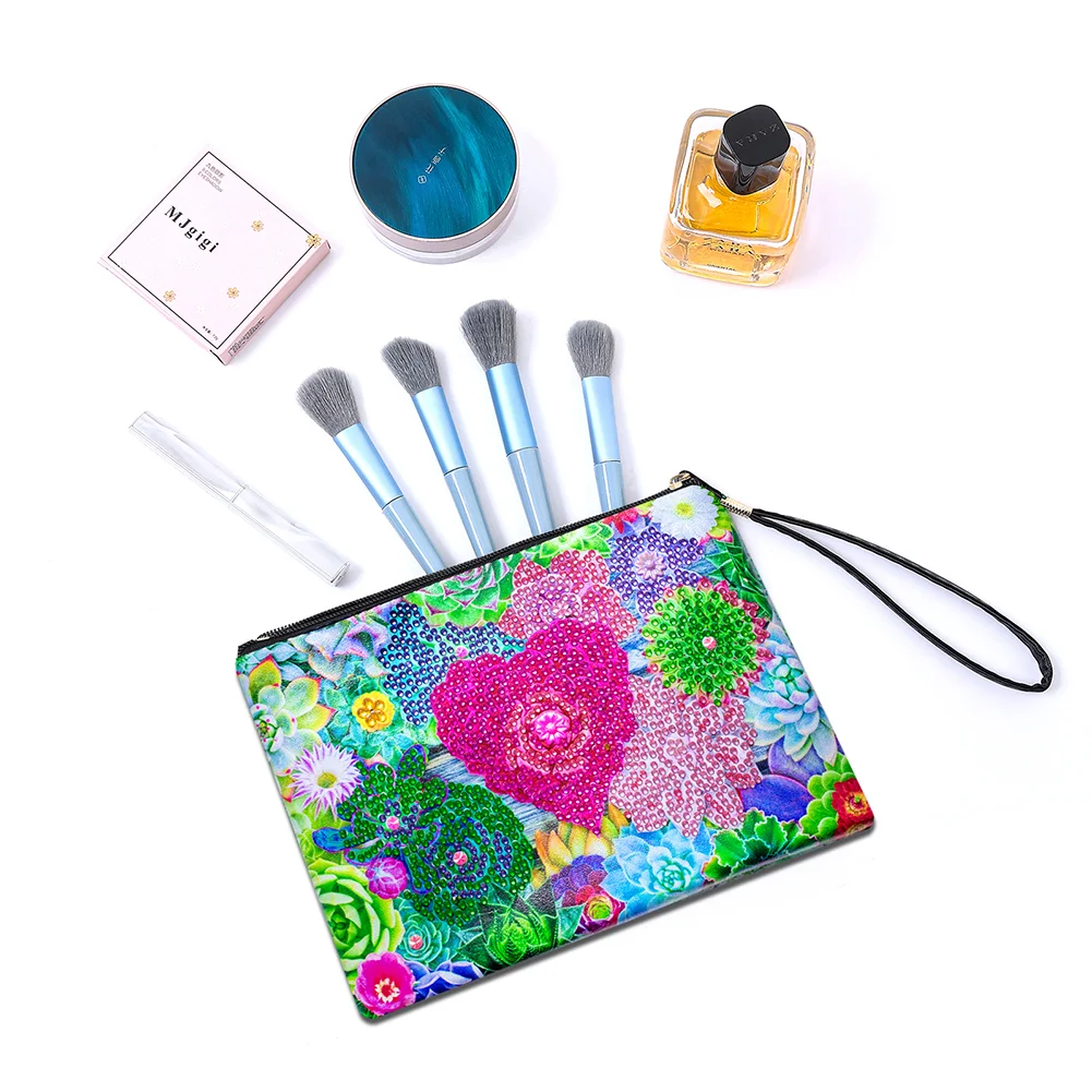 5D DIY Succulent Plant Partial Shaped Drill DIY Diamond Painting Bag with Zipper
