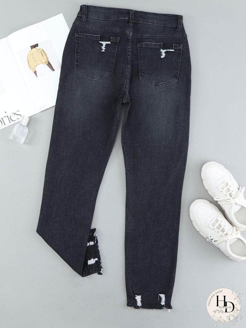 Retro Distressed Straight Leg Black Denim Jeans