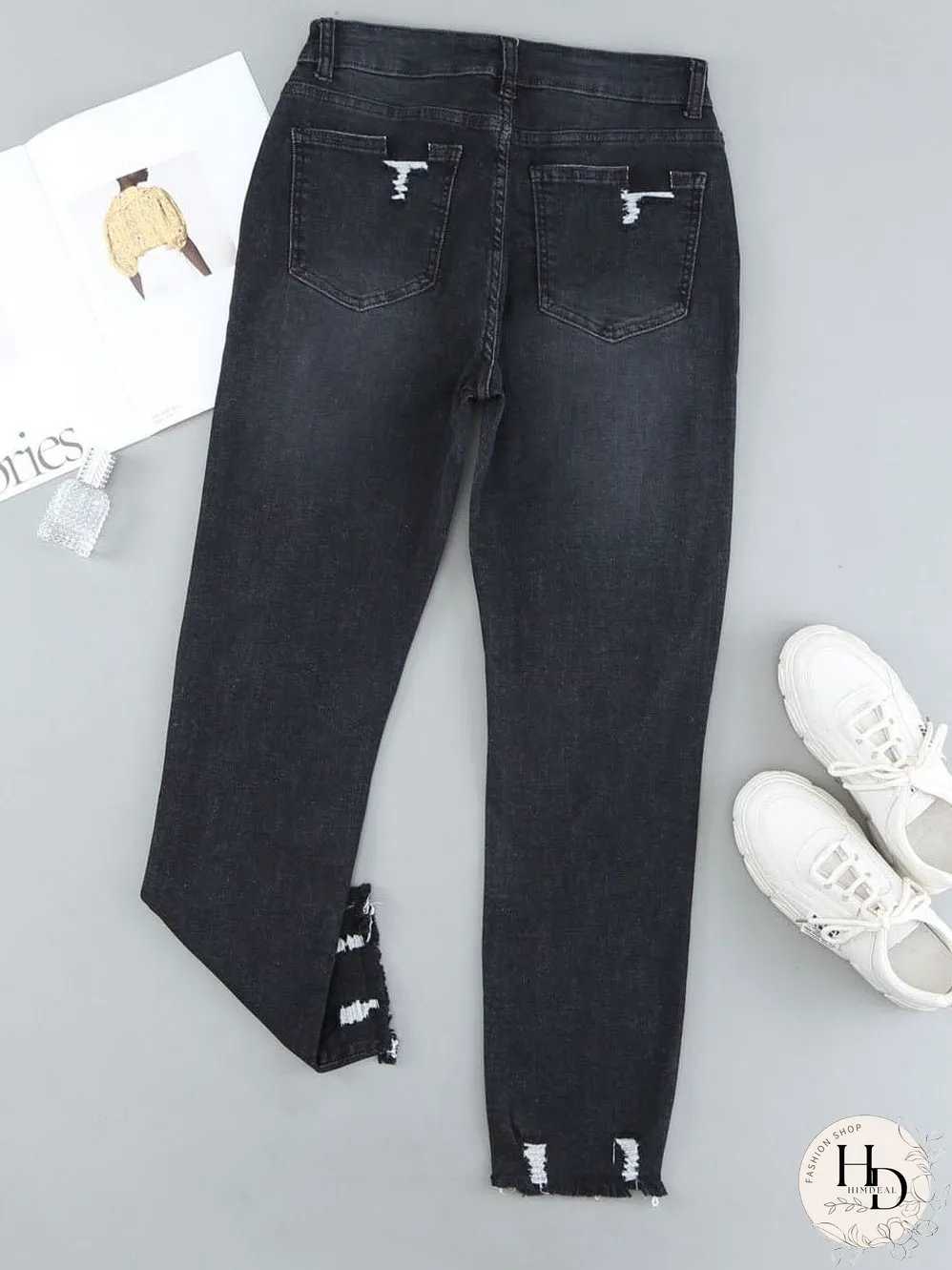 Retro Distressed Straight Leg Black Denim Jeans