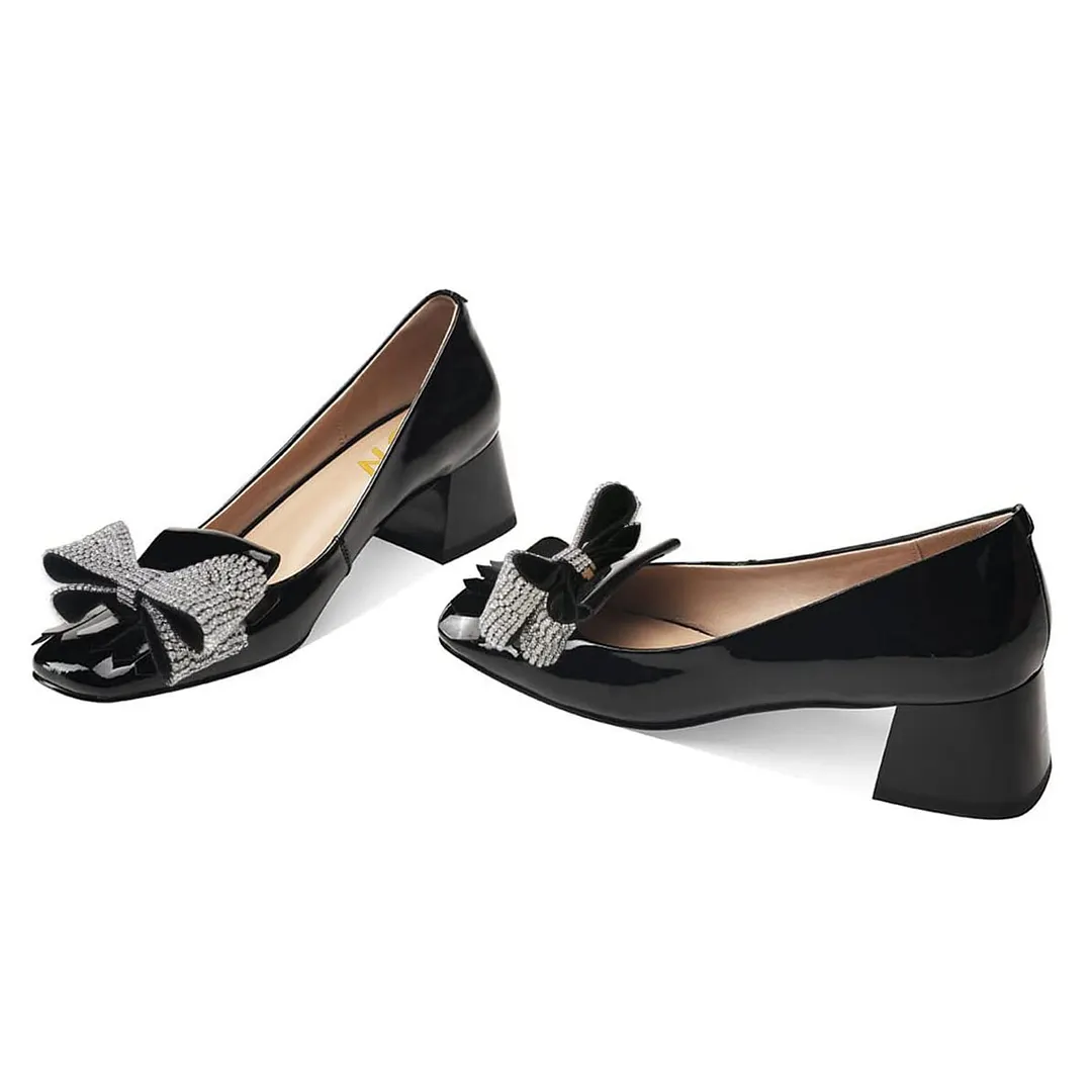 Rhinestone Bow Square Toe Chunky Heel Fringe Black Pumps for Women