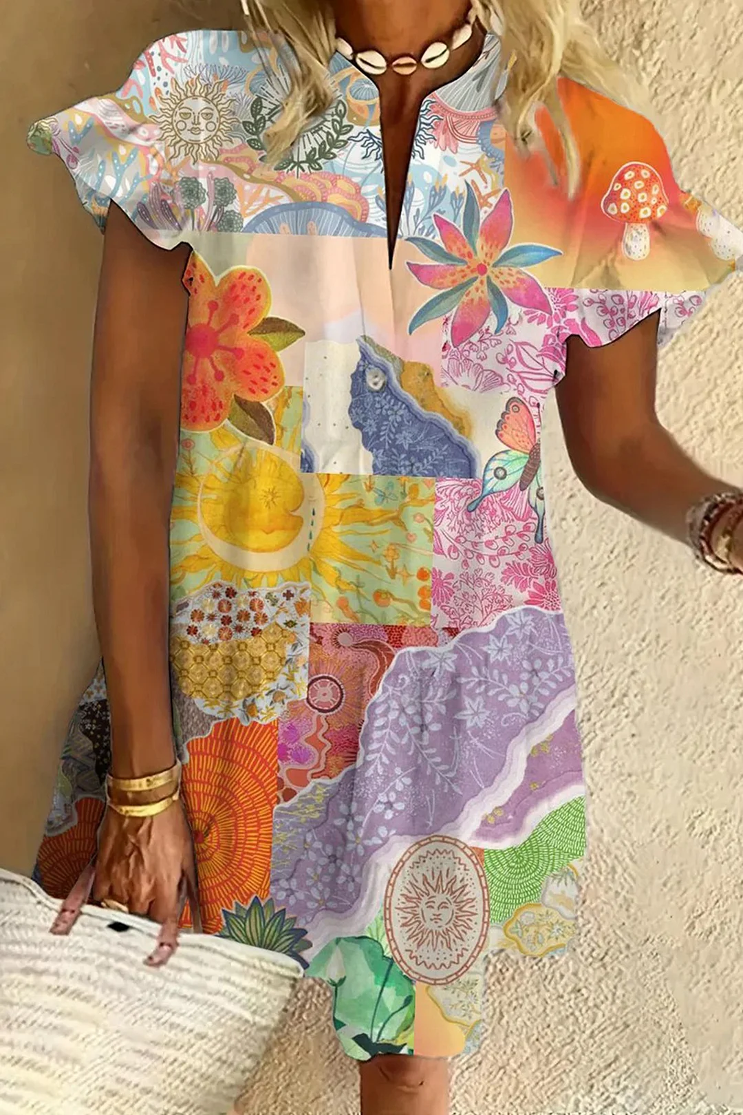 Colorful Flowers and Vintage Pattern Collage Ruffled Short-sleeved V-neck Buttoned Dress Vacation Beach Dress