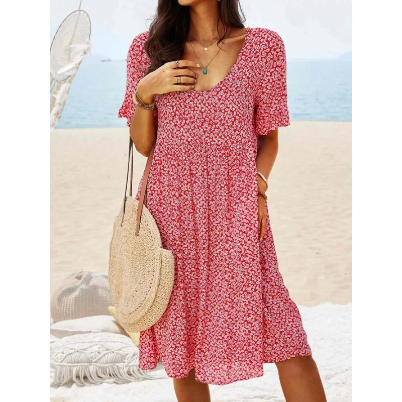 Casual Floral Summer V neck No Elasticity Daily Midi Short sleeve A-Line Dress for Women