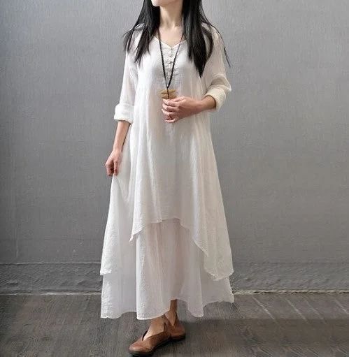 Brownm Two-piece Long Linen Dress Loose Sleeve Dresses