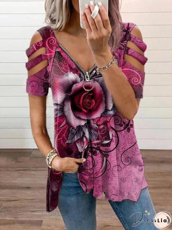 Printed V-neck Off Shoulder T-shirt