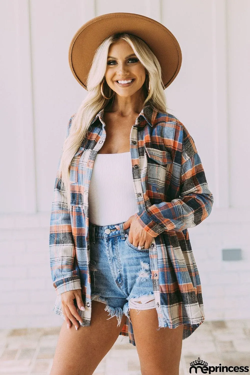 color Plaid Button Down Ruffled Shirt Jacket