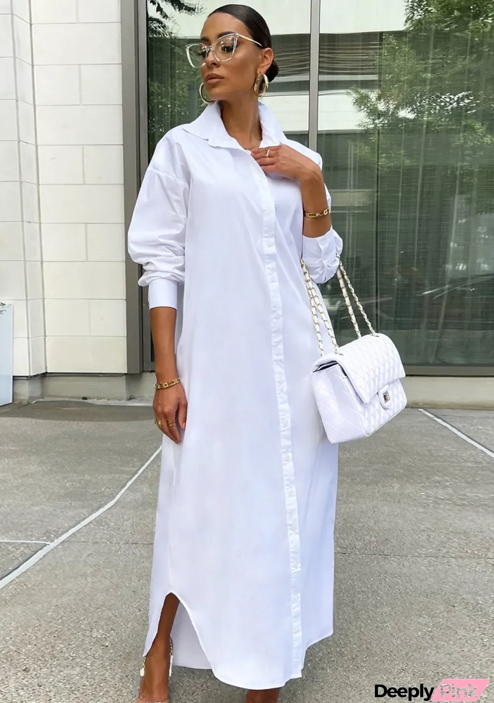 Fall Casual White Solid Turn Down Collar Long Sleeve Long Shirt Dress