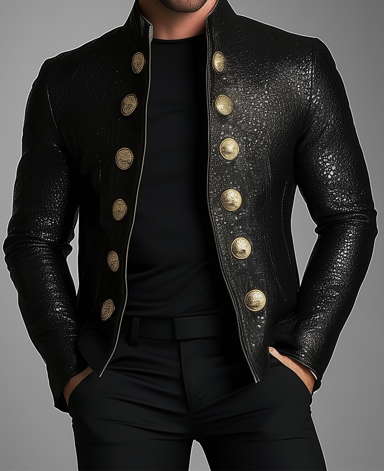 Okaywear Textured PU Leather Stand Collar Button Long Sleeve Jacket