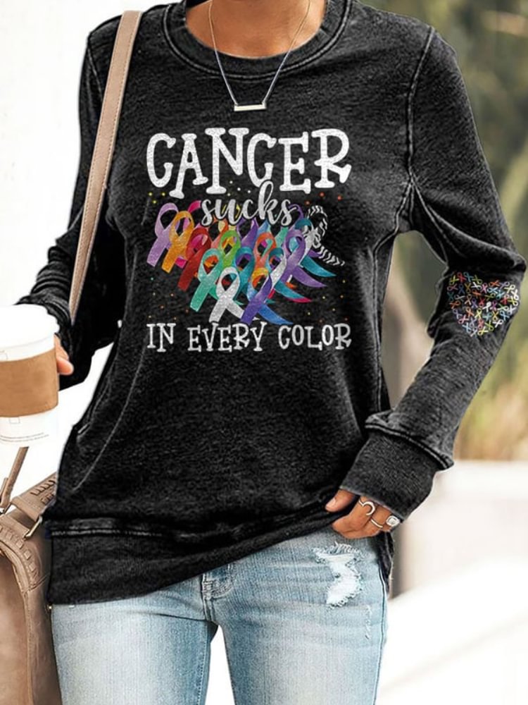 Cancer Awareness Ribbon Print Crew Neck Sweatshirt