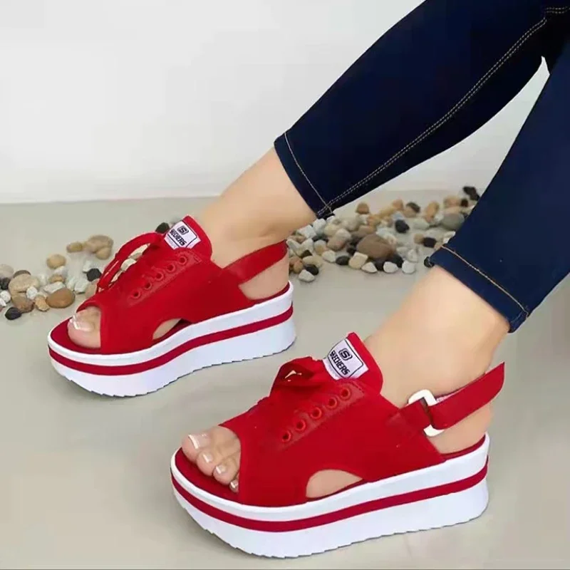 Qengg New Women's Sandals Fashion Fish Mouth Beach Sandals Platform Waterproof Lace-Up Casual Shoes Zandalias Mujer Verano 2022