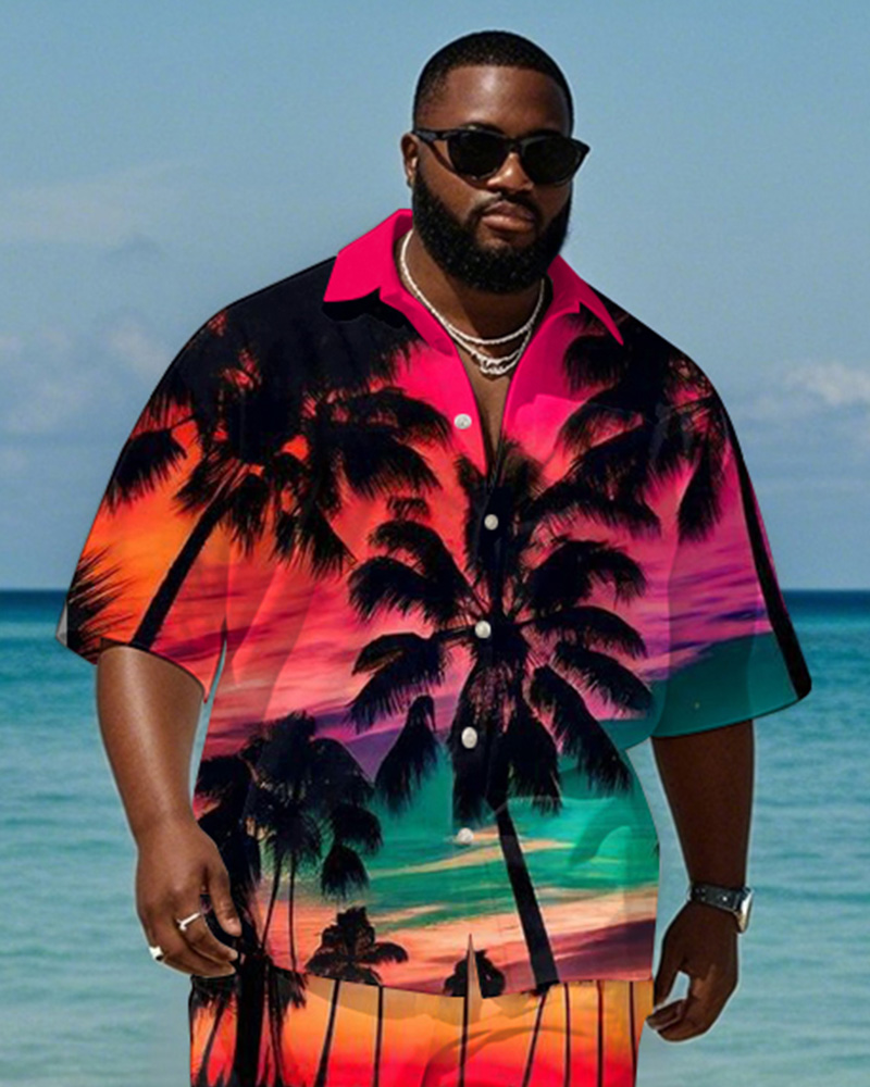 Men's Plus Size Hawaiian Rose Red Gradient Coconut Tree Print Shirt Shorts Suit