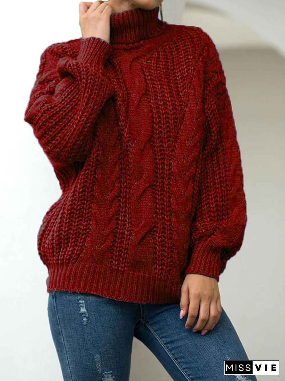 Women's Fashion Slouchy Cable Knit High Neck Pullover Sweater