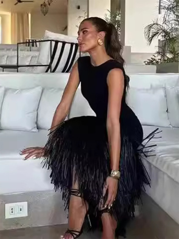 Mature Women Summer New Tassel Backless Zipper Dress