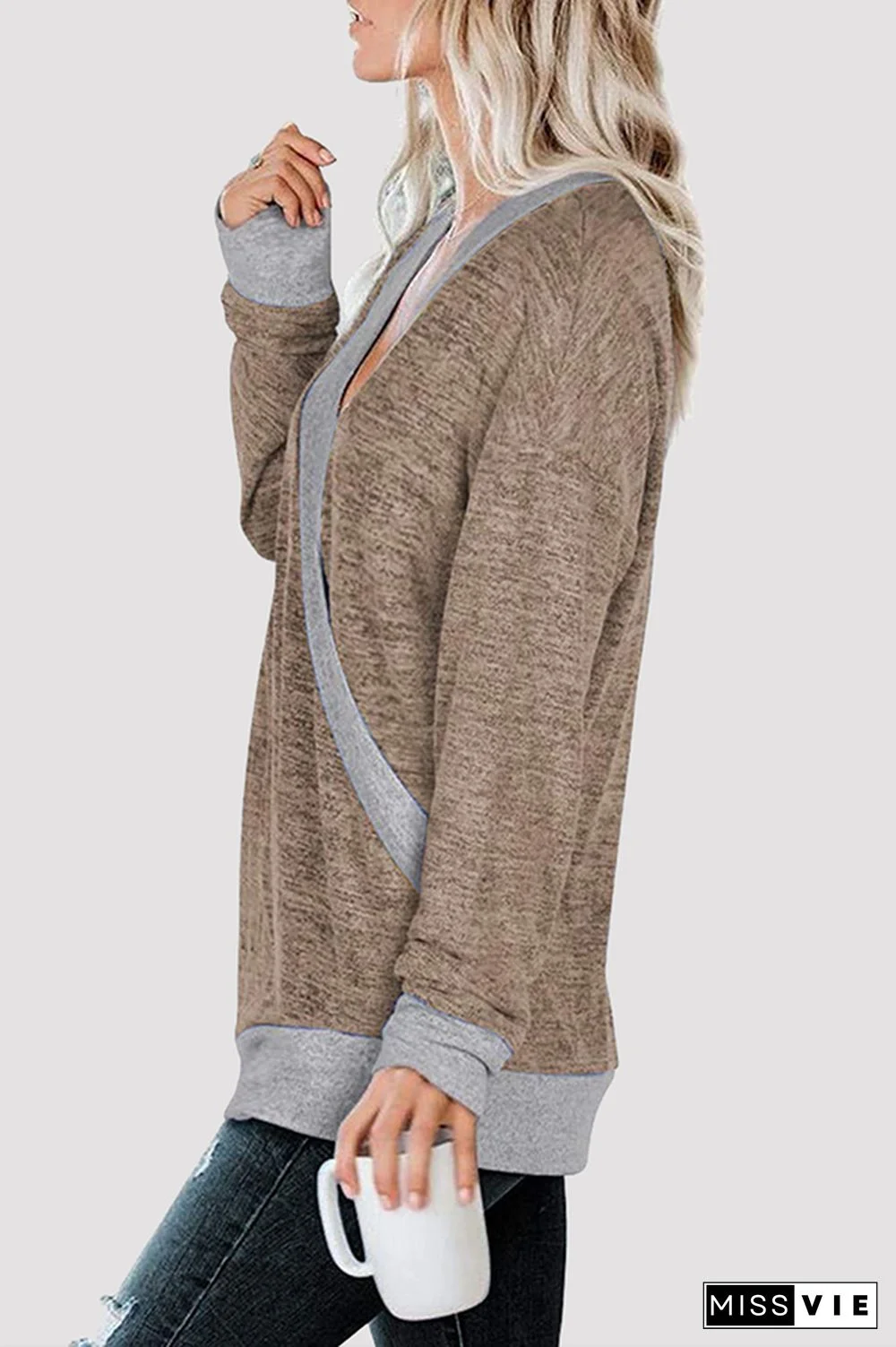 Casual Patchwork Basic Contrast V Neck Tops