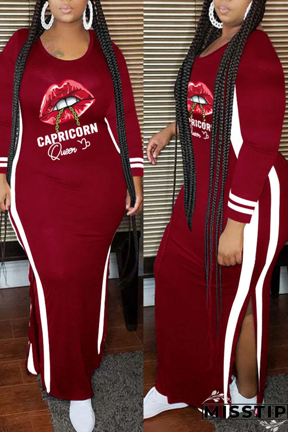Burgundy Casual Print Patchwork Slit O Neck Straight Plus Size Dresses