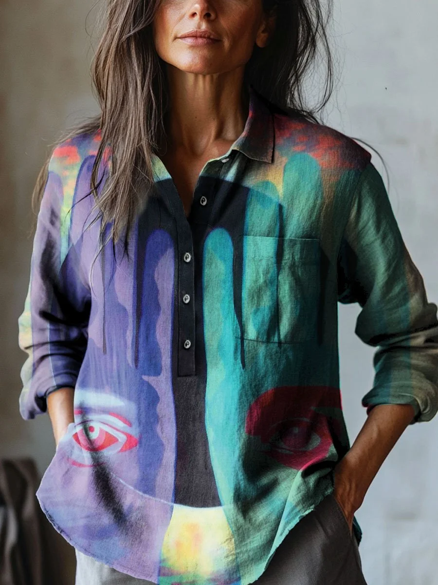 Women's Abstract Psychedelic Palm Art Print Casual Cotton And Linen Shirt