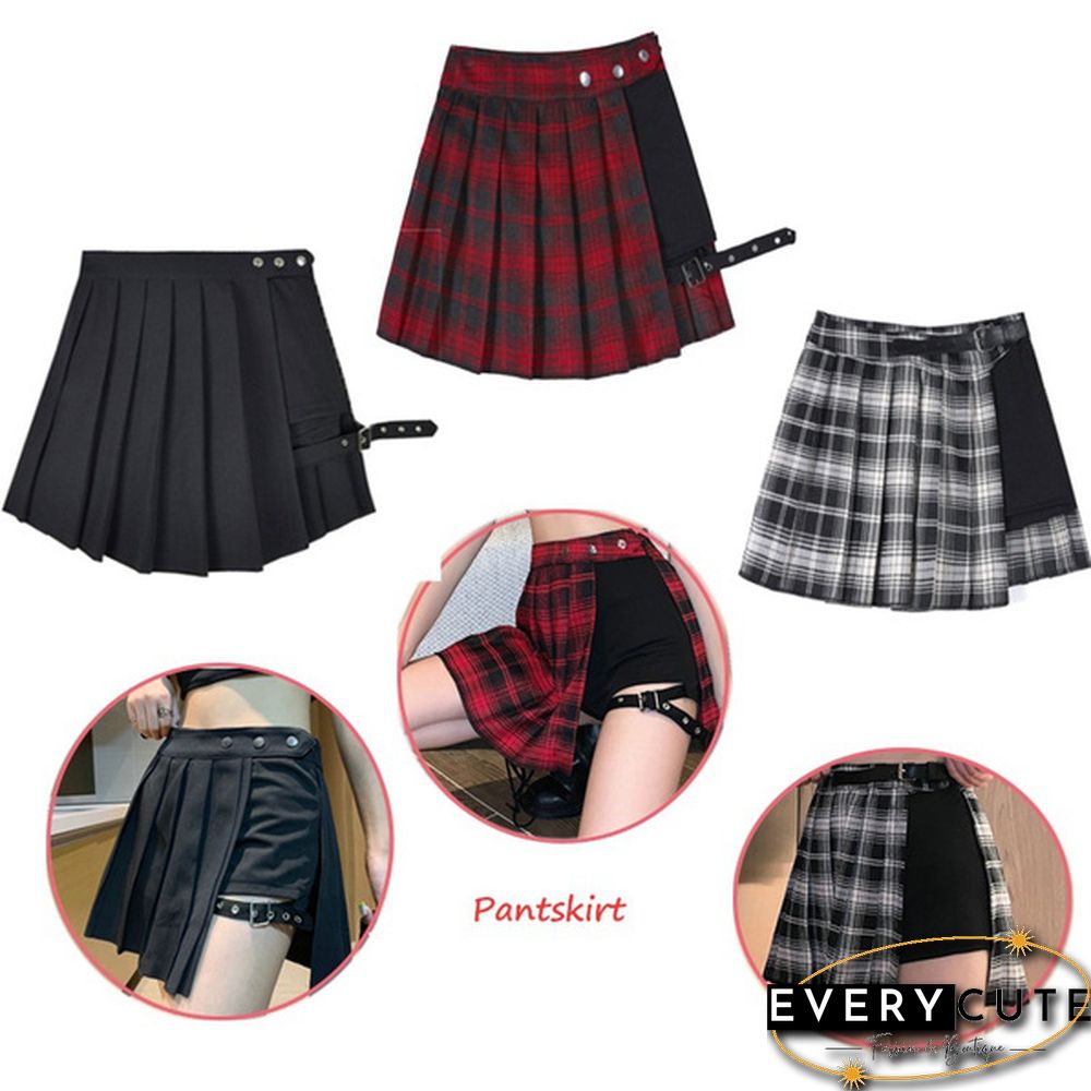 Women Summer Plaid Pleated Skirt Culotte High Waist A-Line Pantskirt
