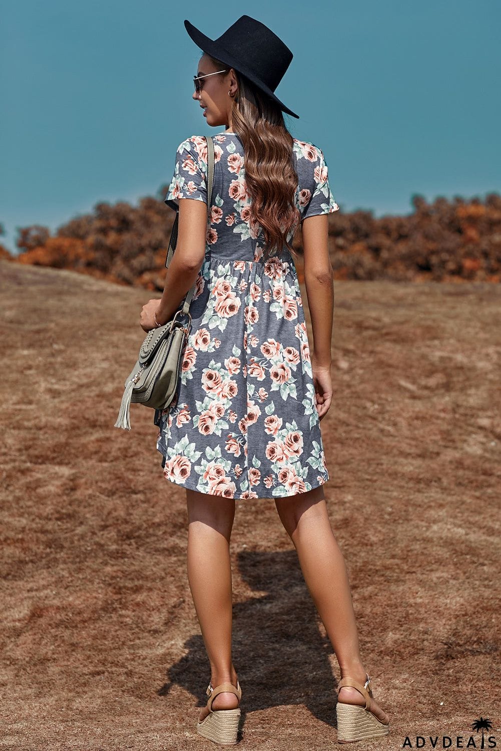 Floral Print Short Sleeve Pleated Mini Dress