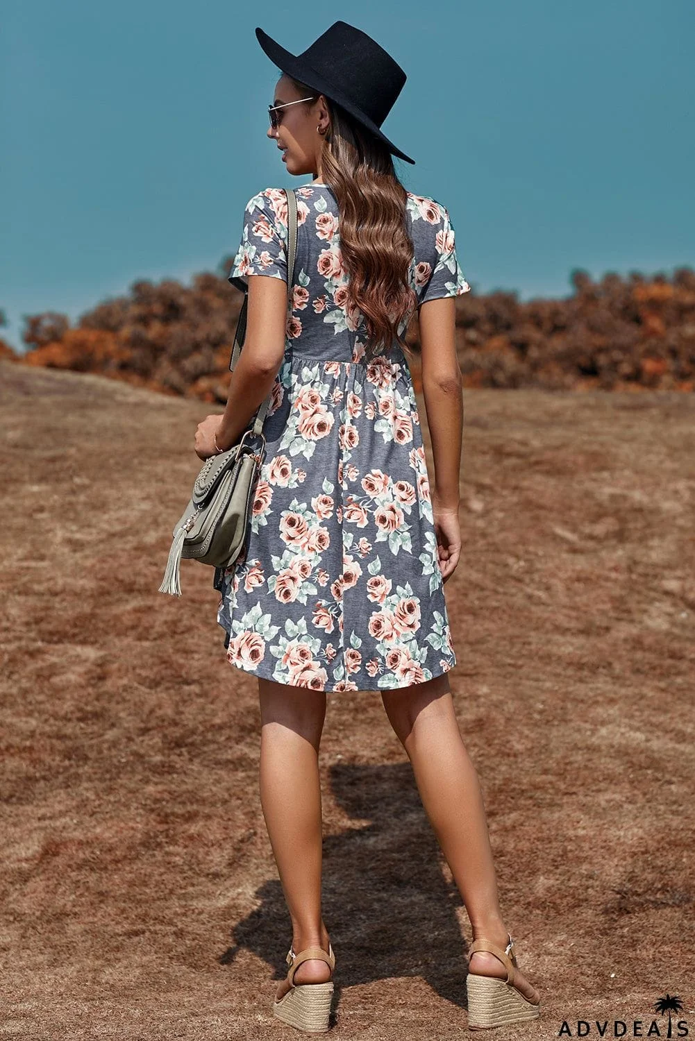 Floral Print Short Sleeve Pleated Mini Dress