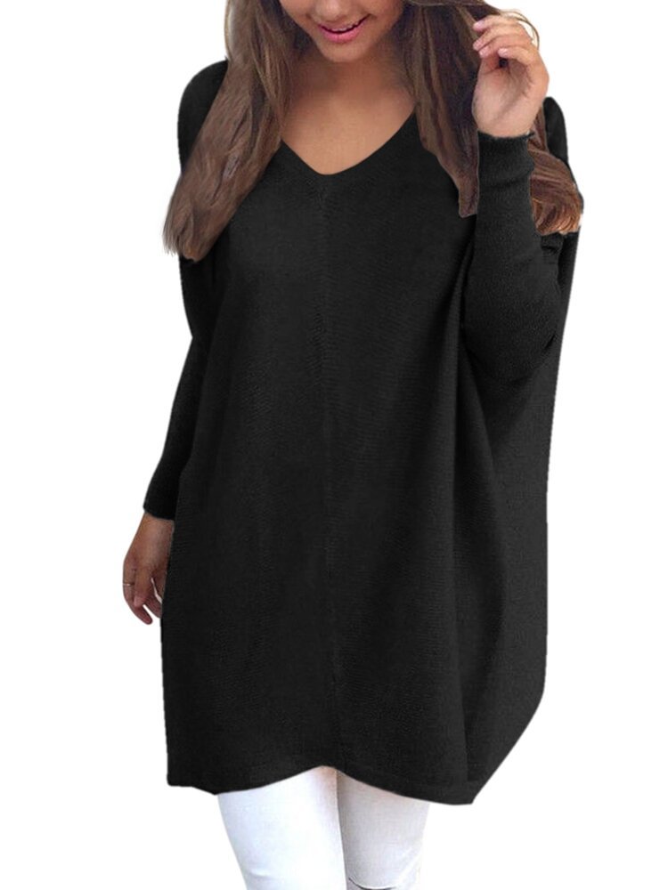 V neck Solid Color Loose Long Sleeve Blouse For Women P1634719