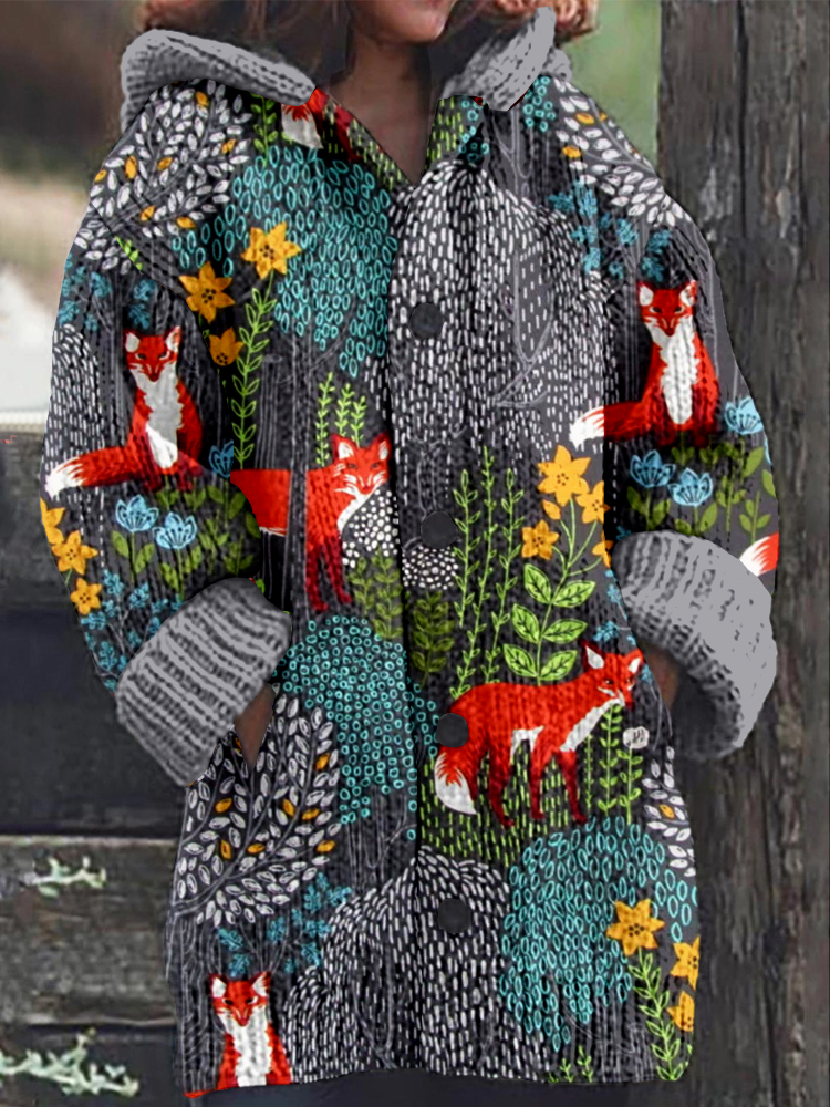 Fox in the Forest Graphic Cozy Hooded Cardigan wearshes