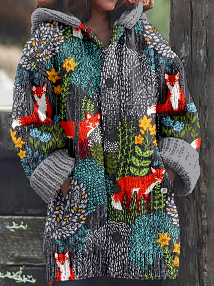 VChics Fox in the Forest Graphic Cozy Hooded Cardigan
