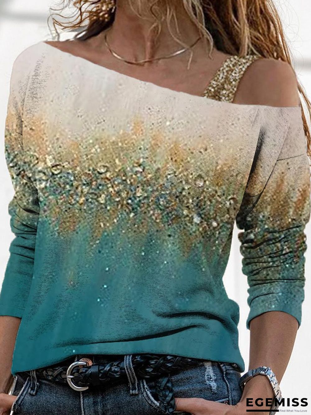 Art Print Color Block Off-shoulder Long Sleeve Top Women | EGEMISS