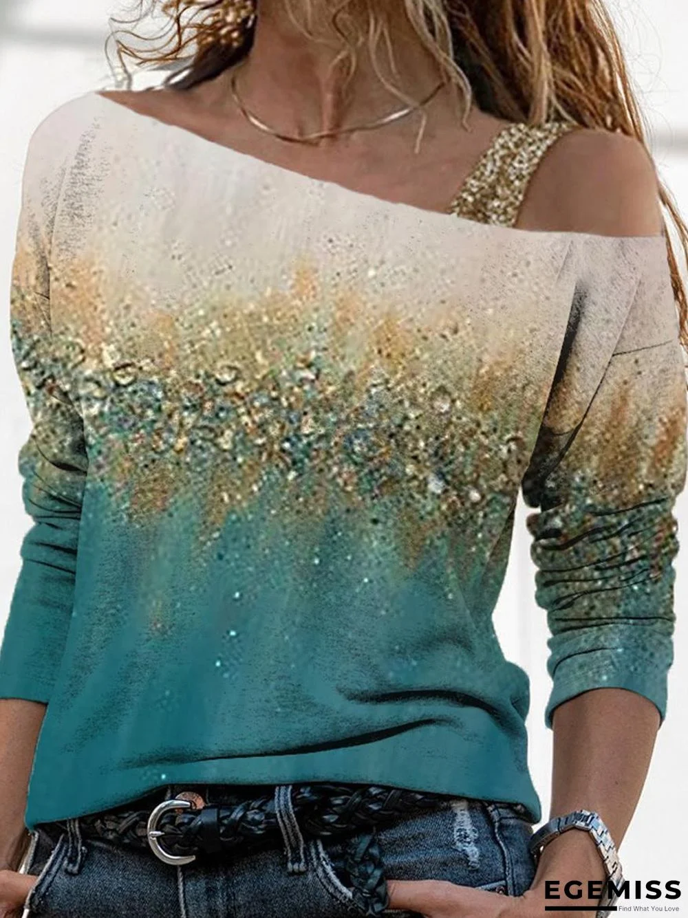 Art Print Color Block Off-shoulder Long Sleeve Top Women | EGEMISS