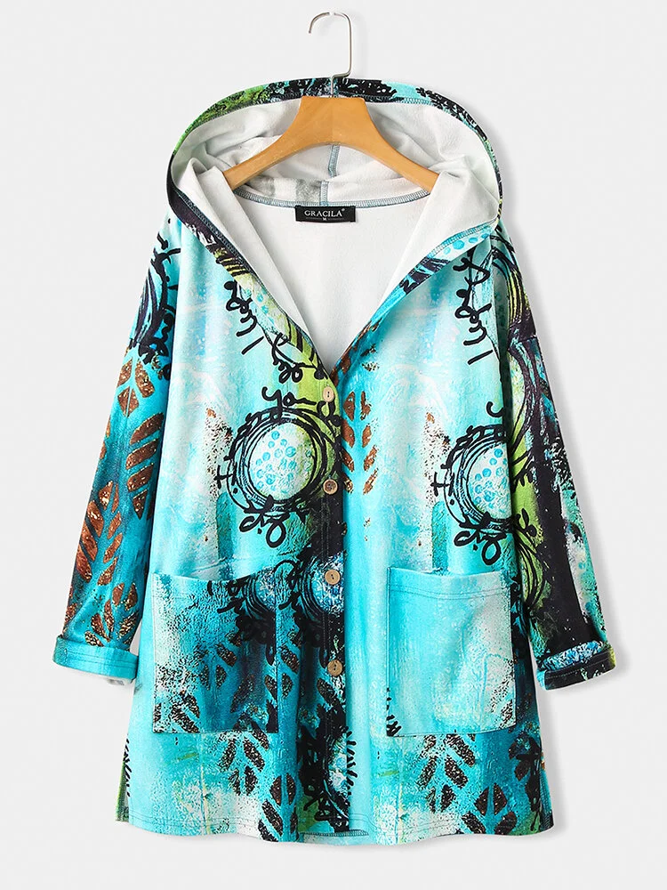 Art Illustration Printed Hooded Jacket For Women