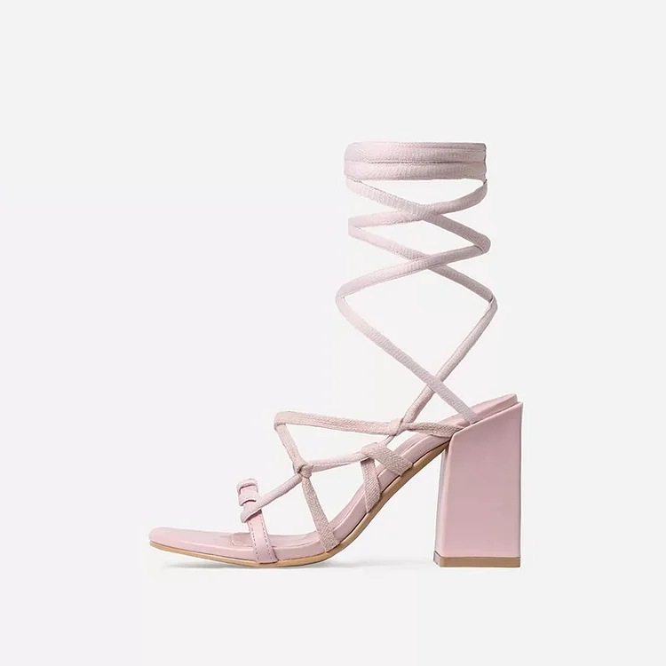 Pink Strappy Sandals Open Toe Block Heel Sandals |FSJ Shoes