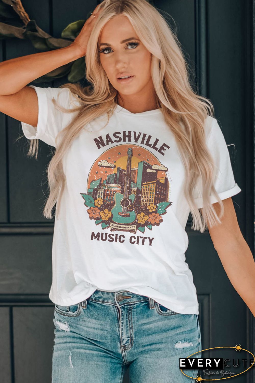 White Nashville Music City Graphic Short Sleeve Tee