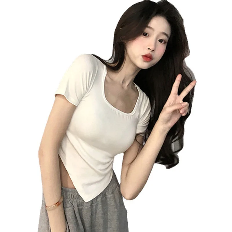 Brownm Brownm Girl Square Collar Short Sleeve Women's Summer 2024 New Thin Slim Casual Top Irregular Trendy Ins Girls T-Shirt
