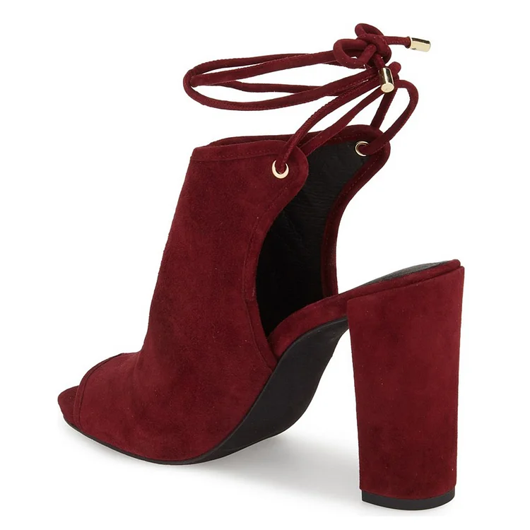 Burgundy Chunky Heel Peep Toe Slingback Strappy Summer Boots Vdcoo