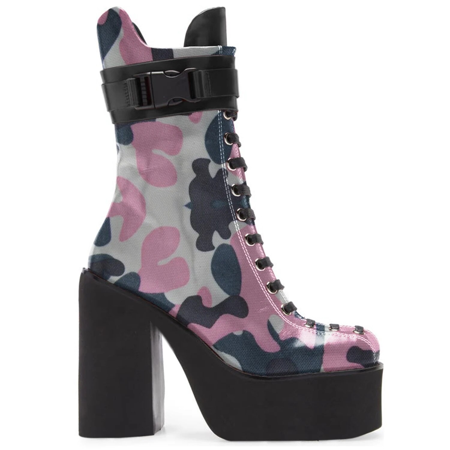 TAAFO Camouflage Motorcycle Boots Platform High Chunky Heels Women Mid-Calf Booties Ladies Punk Buckle Strap 