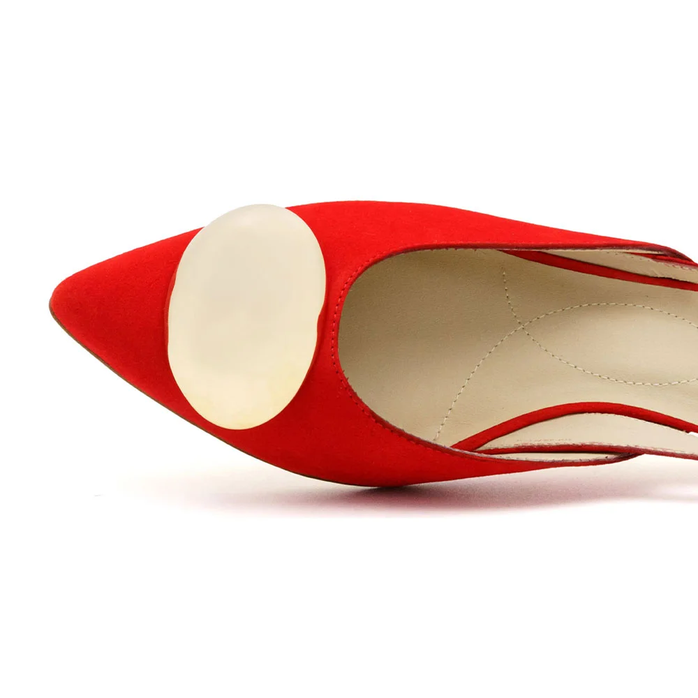 Pointed Toe Low Heel Buckled Slingback Red Pumps with Gold Detail