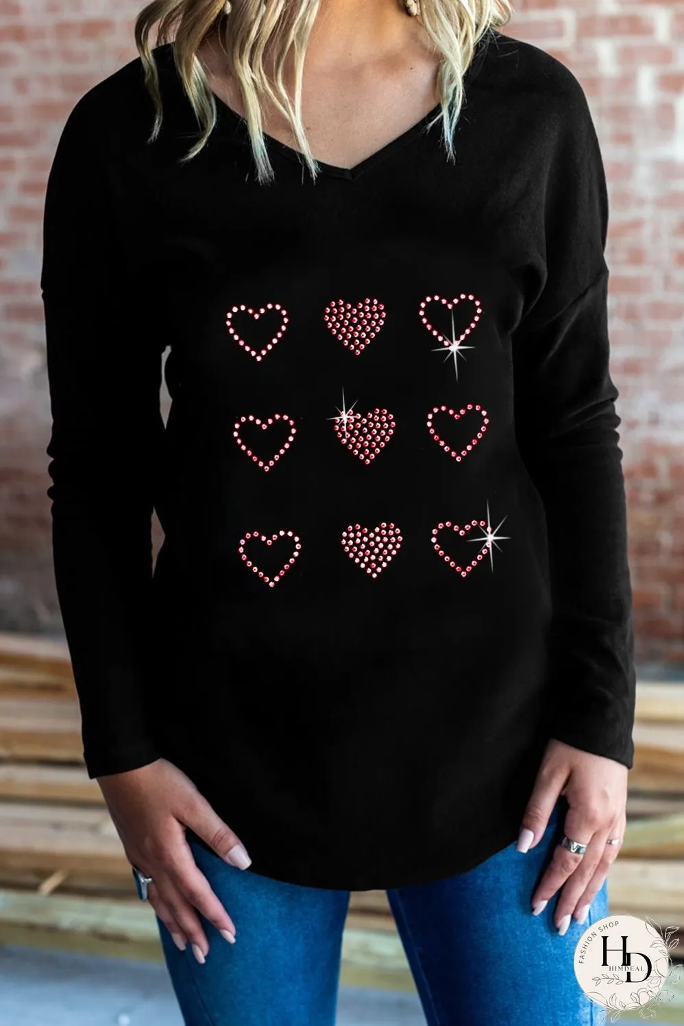 Black Valentines Day Rhinestone Heart Graphic Long Sleeve Tee