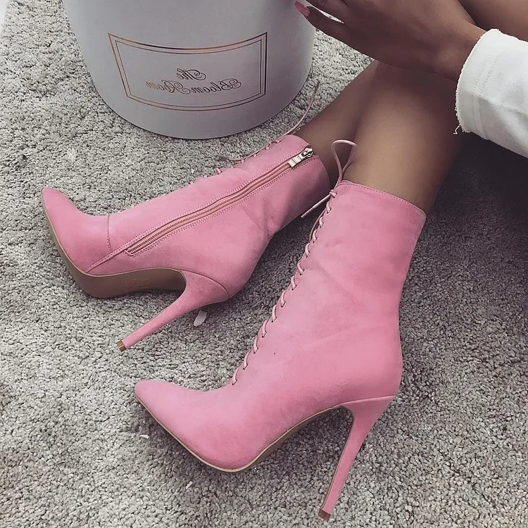 Pink Lace Up Boots Stiletto Heel Vegan Suede Ankle Boots |FSJ Shoes