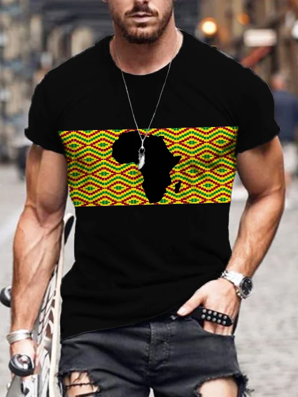 Comstylish Men's Africa Map Ethnic Kente Round Neck T Shirt