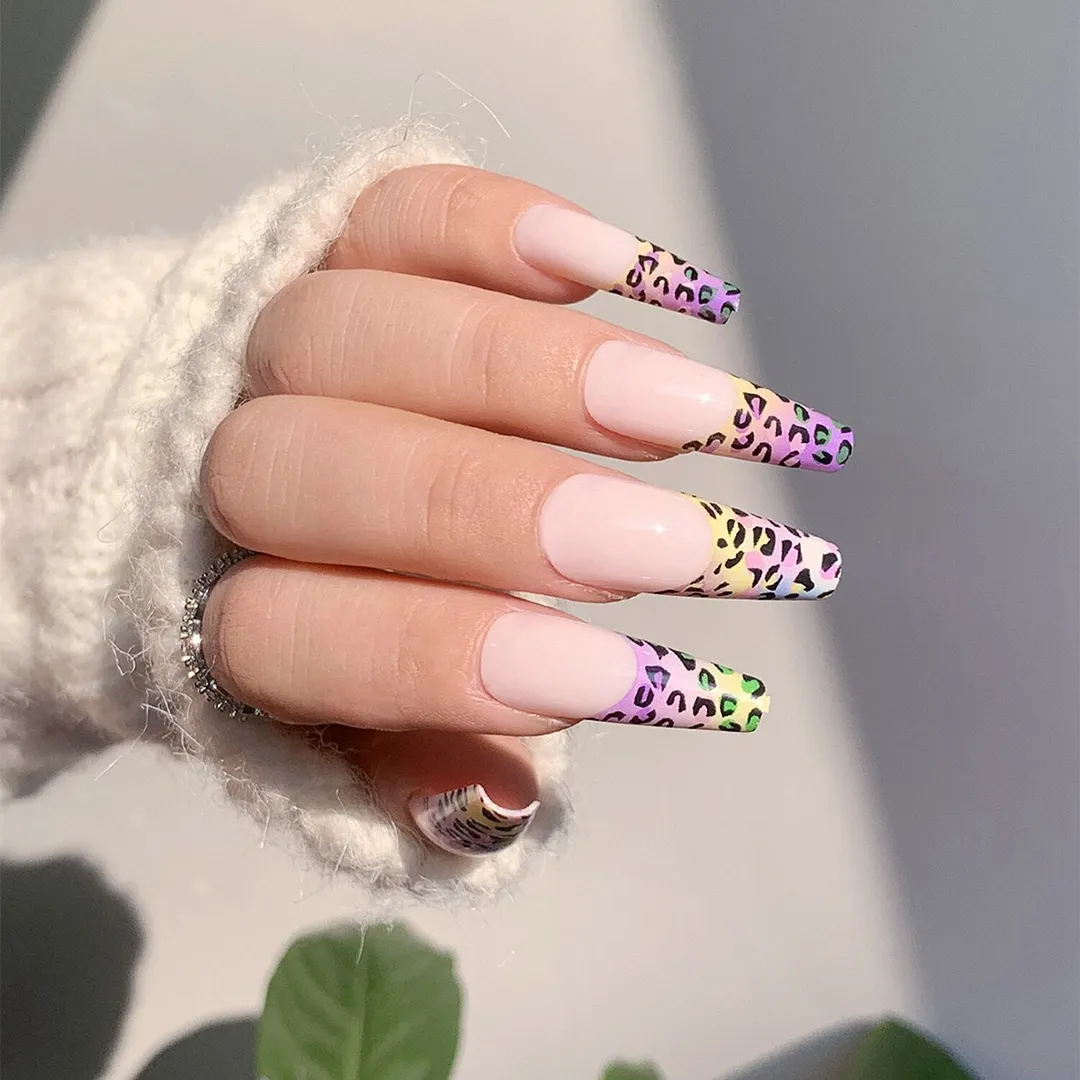 24Pcs Detachable Long Ballerina French False Nails With Design Leopard Wearable Fake Nails Wavy Line Flame Full Cover Nail Tips-Nail Inspo