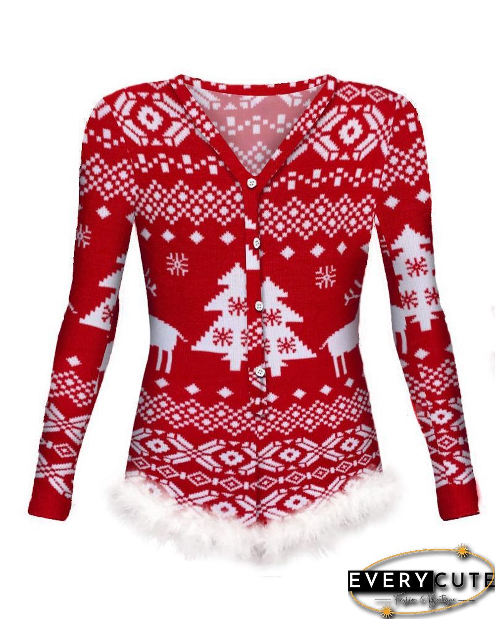 Christmas Fluffy Trim Button Front Lounge Romper P10797