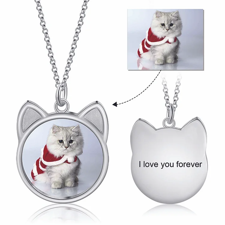 Personalized Photo Necklace Cat Charm with Engraving