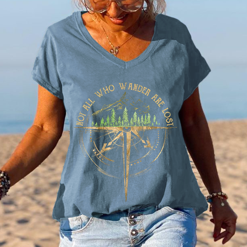Not All Who Wander Are Lost Printed V-neck Oversize T-shirt