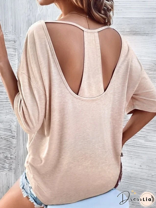 T shirt Tee Black Pink Green Plain Cut Out Short Sleeve Daily Weekend Basic Round Neck Regular S for Women